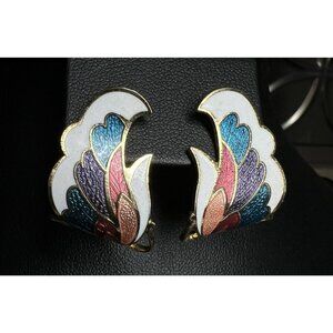 Vintage Boho Cloisonné Enamel Butterfly Wing Earrings Costume Jewelry
